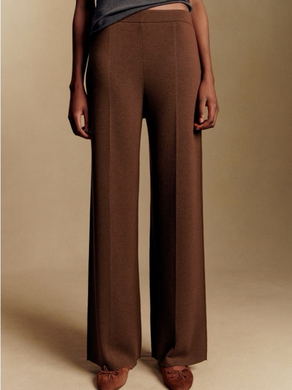 Sezane Wide-Leg Knit Pants in Brown